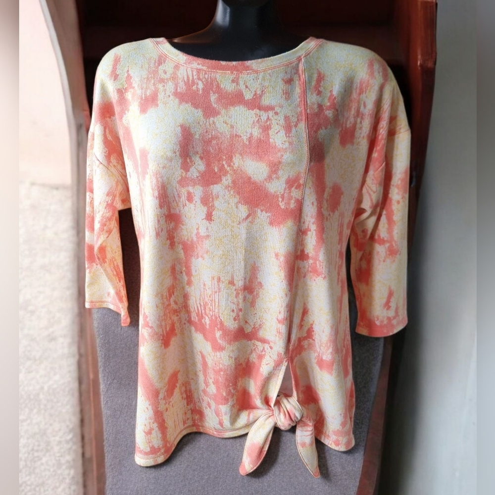 Bali Women's Tie-Dye Lightweight Soft Sweatshirt With Side Tie- Coral & Yellow